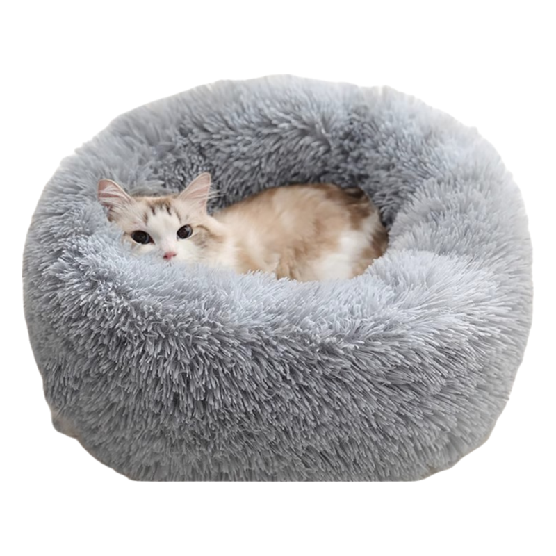 Grey Cozy Donut Long Plush Cat &amp; Dog Calming Bed(Diameter 50cm) - Double-Layer PP Cotton Filling Warming Pet Bed with Anti-Slip Base &amp; Free Blanket