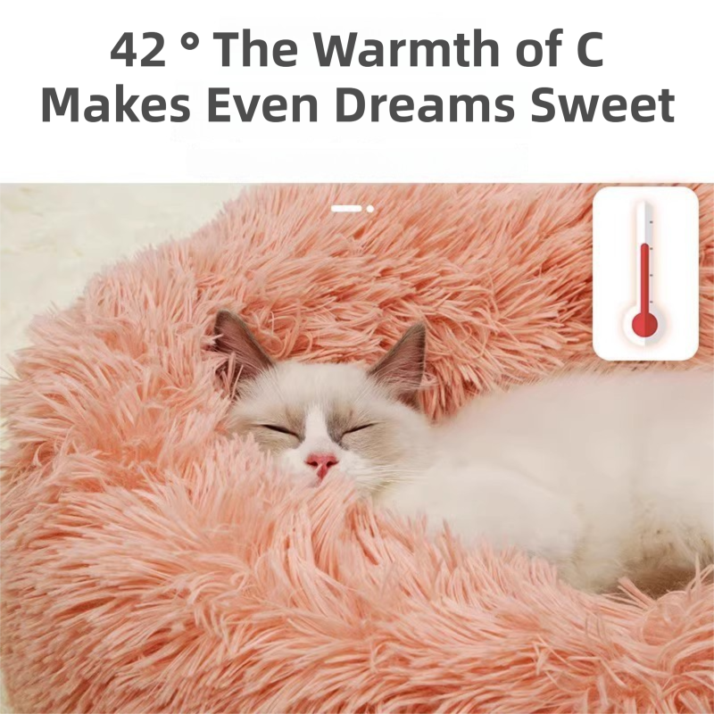 Grey Cozy Donut Long Plush Cat & Dog Calming Bed(Diameter 50cm) - Double-Layer PP Cotton Filling Warming Pet Bed with Anti-Slip Base & Free Blanket