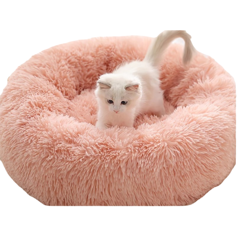 Pink Cozy Donut Long Plush Cat &amp; Dog Calming Bed(Diameter 50cm) - Double-Layer PP Cotton Filling Warming Pet Bed with Anti-Slip Base &amp; Free Blanket