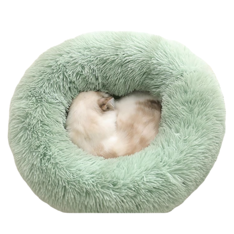 Green Cozy Donut Long Plush Cat &amp; Dog Calming Bed(Diameter 50cm) - Double-Layer PP Cotton Filling Warming Pet Bed with Anti-Slip Base &amp; Free Blanket
