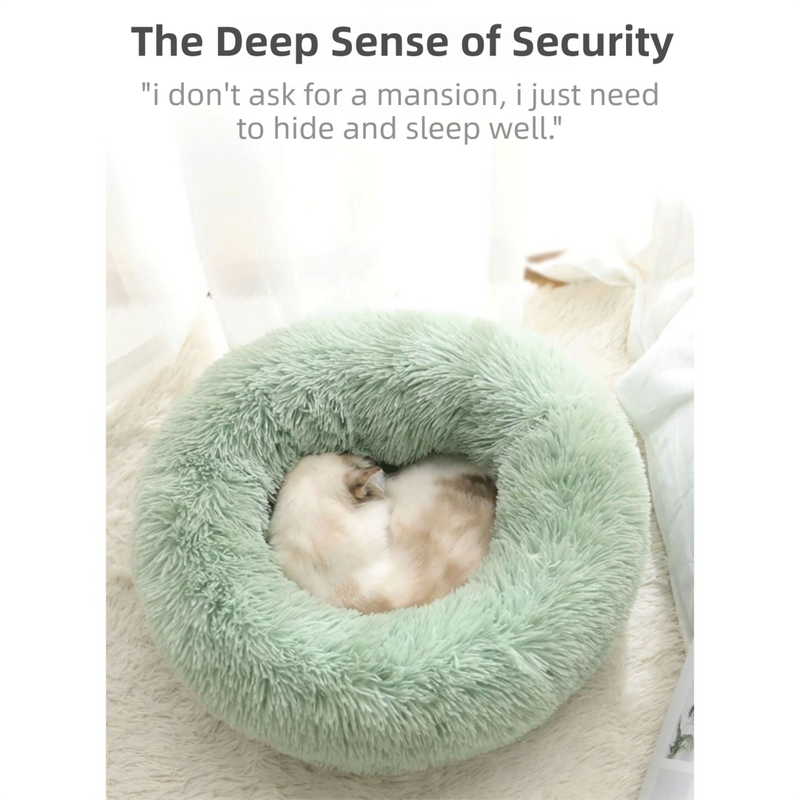 Green Cozy Donut Long Plush Cat & Dog Calming Bed(Diameter 50cm) - Double-Layer PP Cotton Filling Warming Pet Bed with Anti-Slip Base & Free Blanket