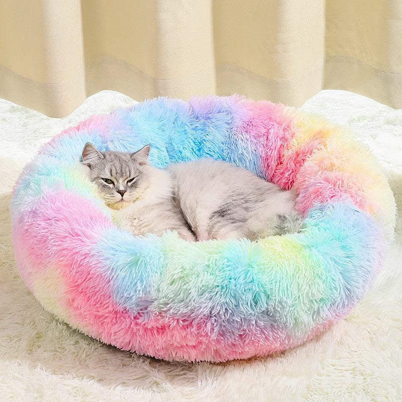 Rainbow Colors Cozy Donut Long Plush Cat &amp; Dog Calming Bed(Diameter 50cm) - Double-Layer PP Cotton Filling Warming Pet Bed with Anti-Slip Base &amp; Free Blanket