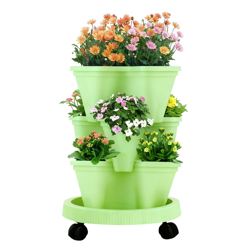 Green 3-Tier Stackable Strawberry &amp; Vegetable Planter with Mobile Wheel Tray - Space-Saving Vertical Gardening System