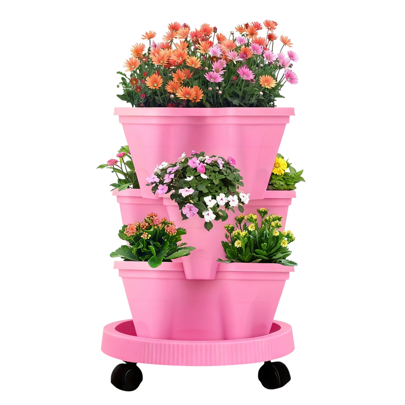 Pink 3-Tier Stackable Strawberry &amp; Vegetable Planter with Mobile Wheel Tray - Space-Saving Vertical Gardening System