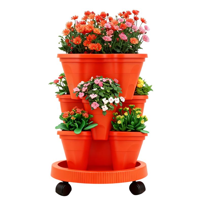 Red 3-Tier Stackable Strawberry &amp; Vegetable Planter with Mobile Wheel Tray - Space-Saving Vertical Gardening System