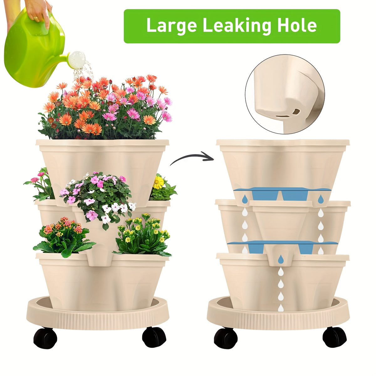 Red 3-Tier Stackable Strawberry & Vegetable Planter with Mobile Wheel Tray - Space-Saving Vertical Gardening System