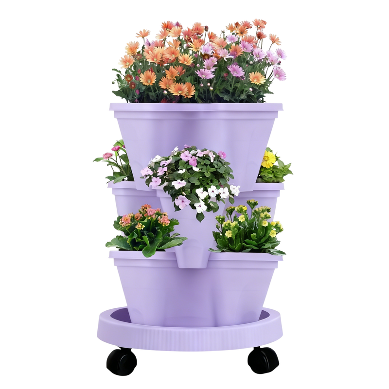Purple 3-Tier Stackable Strawberry &amp; Vegetable Planter with Mobile Wheel Tray - Space-Saving Vertical Gardening System
