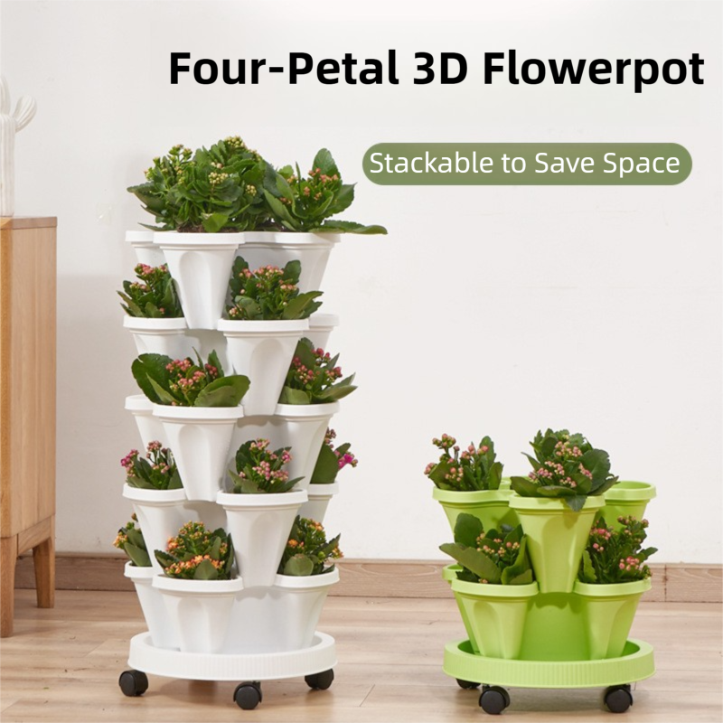 Purple 3-Tier Stackable Strawberry & Vegetable Planter with Mobile Wheel Tray - Space-Saving Vertical Gardening System
