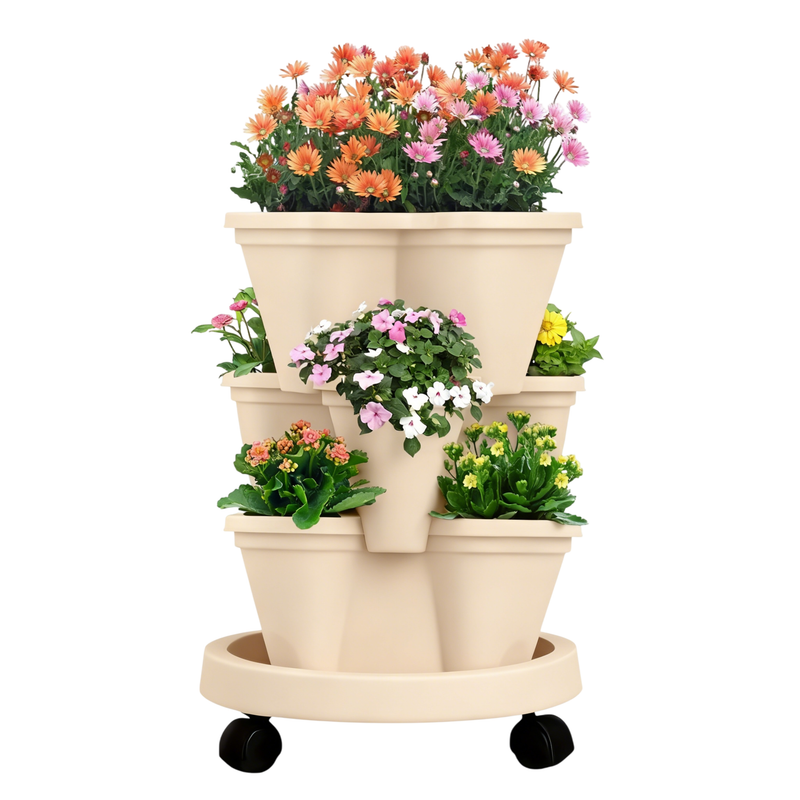 Beige 3-Tier Stackable Strawberry & Vegetable Planter with Mobile Wheel Tray - Space-Saving Vertical Gardening System