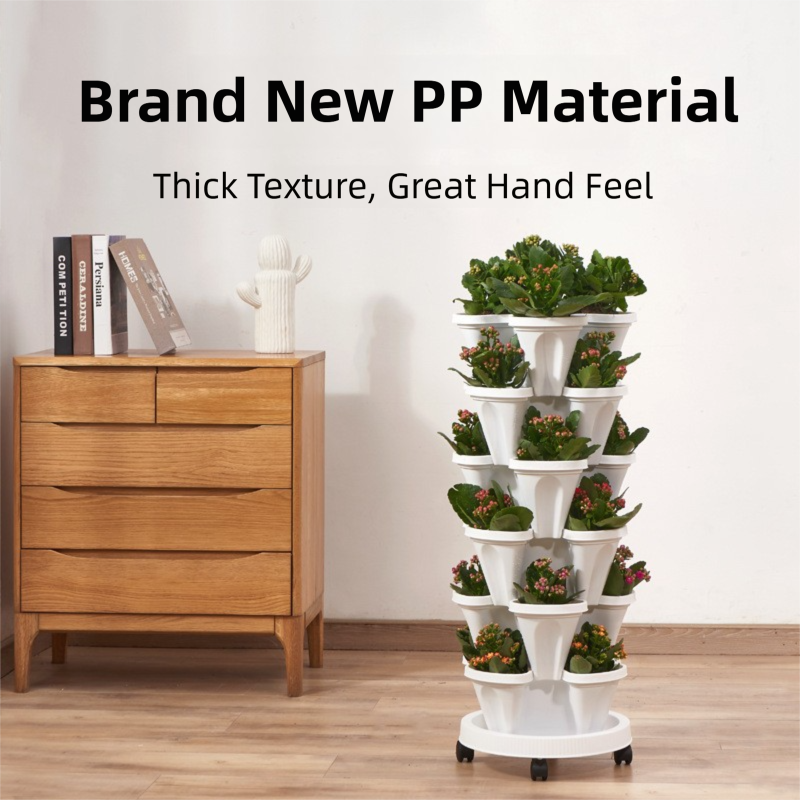 Beige 3-Tier Stackable Strawberry & Vegetable Planter with Mobile Wheel Tray - Space-Saving Vertical Gardening System