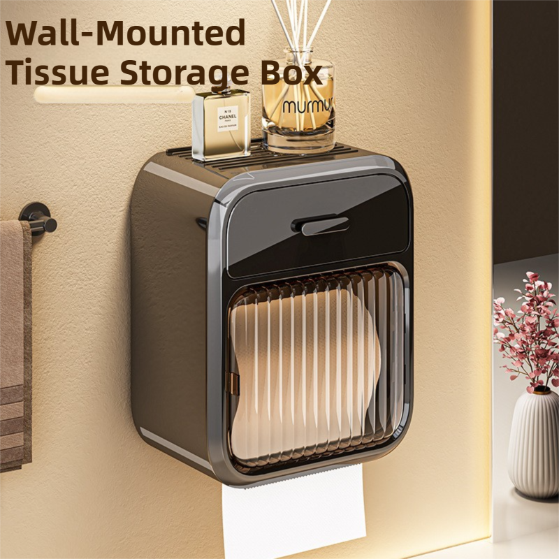 Cream White No-Drill Wall Mounted Toilet Paper Holder with Storage Shelf and Drawer - Waterproof Bathroom Tissue Dispenser for Roll & Face Tissue