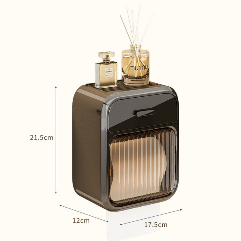 Latte No-Drill Wall Mounted Toilet Paper Holder with Storage Shelf and Drawer - Waterproof Bathroom Tissue Dispenser for Roll & Face Tissue