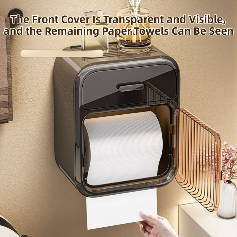 Black No-Drill Wall Mounted Toilet Paper Holder with Storage Shelf and Drawer - Waterproof Bathroom Tissue Dispenser for Roll & Face Tissue
