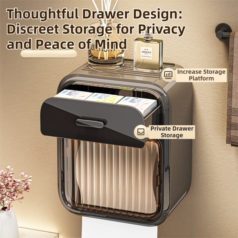 Mint Green No-Drill Wall Mounted Toilet Paper Holder with Storage Shelf and Drawer - Waterproof Bathroom Tissue Dispenser for Roll & Face Tissue