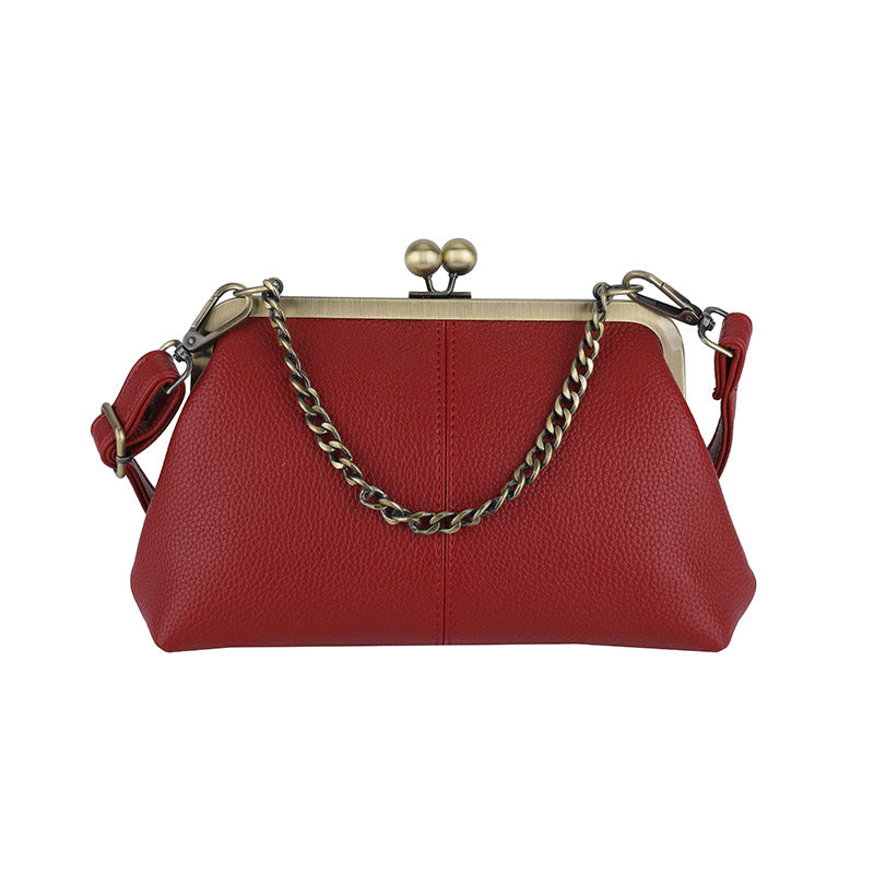 Red Retro Women's Shell Handbag - European Style Clip Lock Closure PU Clutch/Shoulder Bag with Chain Strap
