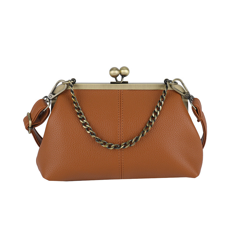 Brown Retro Women's Shell Handbag - European Style Clip Lock Closure PU Clutch/Shoulder Bag with Chain Strap
