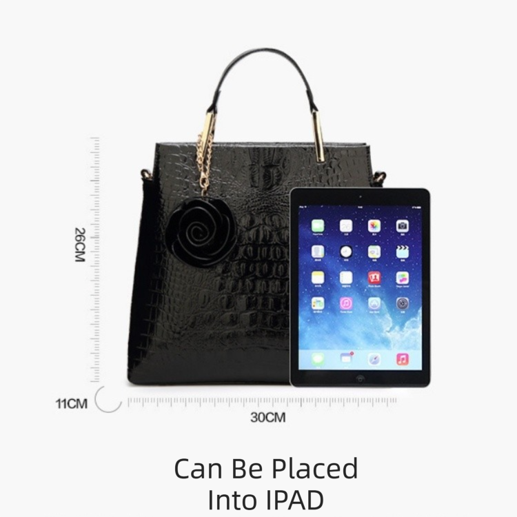 Dark Coffee Patent PU Leather Crocodile Embossed Shell Bag(30 x 11 x 26 CM) with Floral Pendant