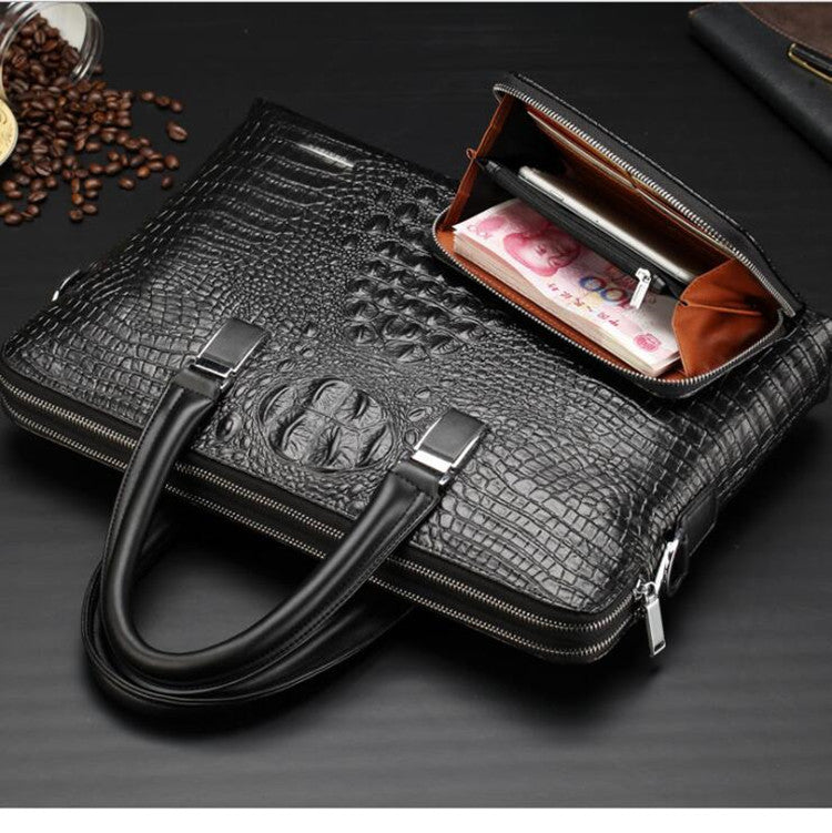 Black Men's Luxury Crocodile Embossed PU Leather Briefcase(39 x 8 x 28 CM) With FREE Crocodile Wallet - Dual-Zip Business Shoulder/Crossbody Laptop Bag (Fits 14-inch)