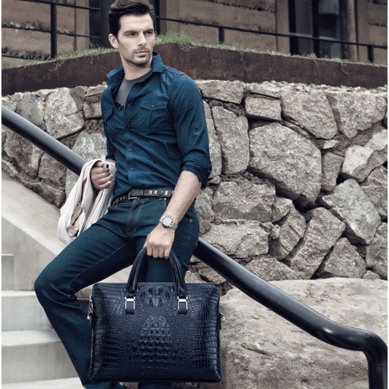 Brown Men's Luxury Crocodile Embossed PU Leather Briefcase(39 x 8 x 28 CM) With FREE Crocodile Wallet - Dual-Zip Business Shoulder/Crossbody Laptop Bag (Fits 14-inch)