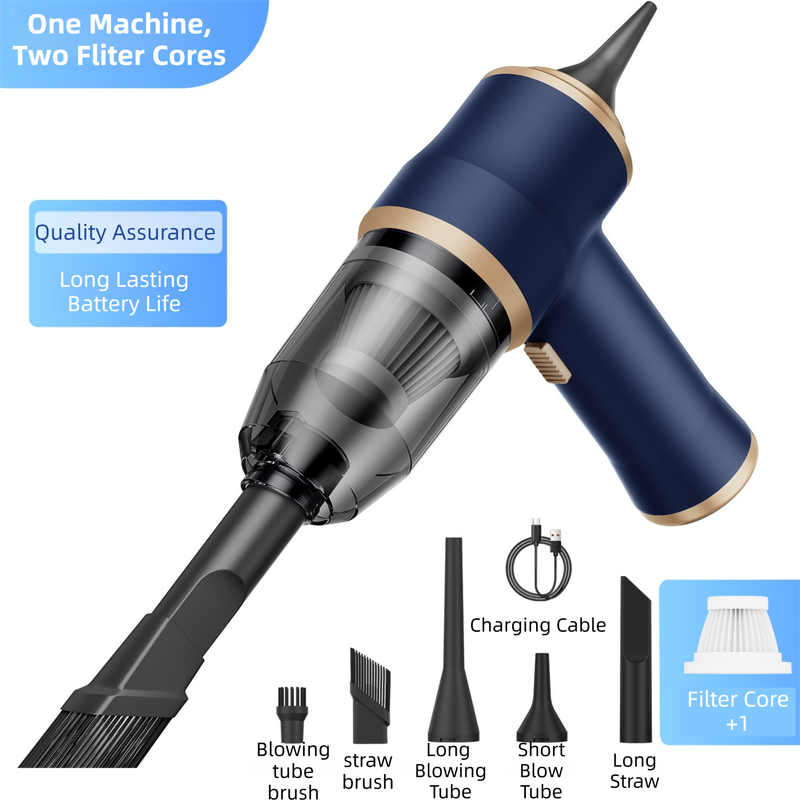 4-in1 Blue Wireless Compact Handheld Car Vacuum Cleaner &amp; Air Duster  with 5 Nozzles/Brushes- 15000 Pa Ultra-Powerful Blower/Suction Tool for Auto, Home &amp; Office
