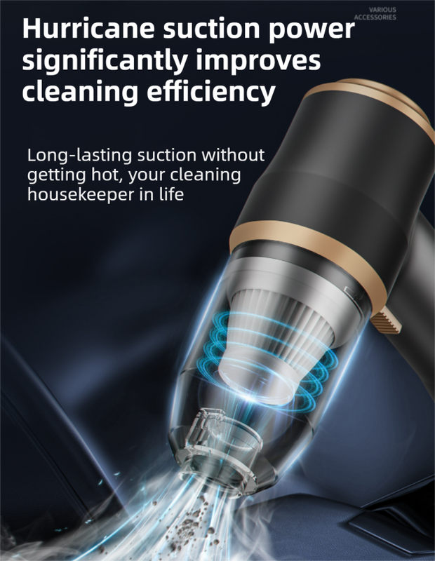 4-in1 Blue Wireless Compact Handheld Car Vacuum Cleaner & Air Duster  with 5 Nozzles/Brushes- 15000 Pa Ultra-Powerful Blower/Suction Tool for Auto, Home & Office