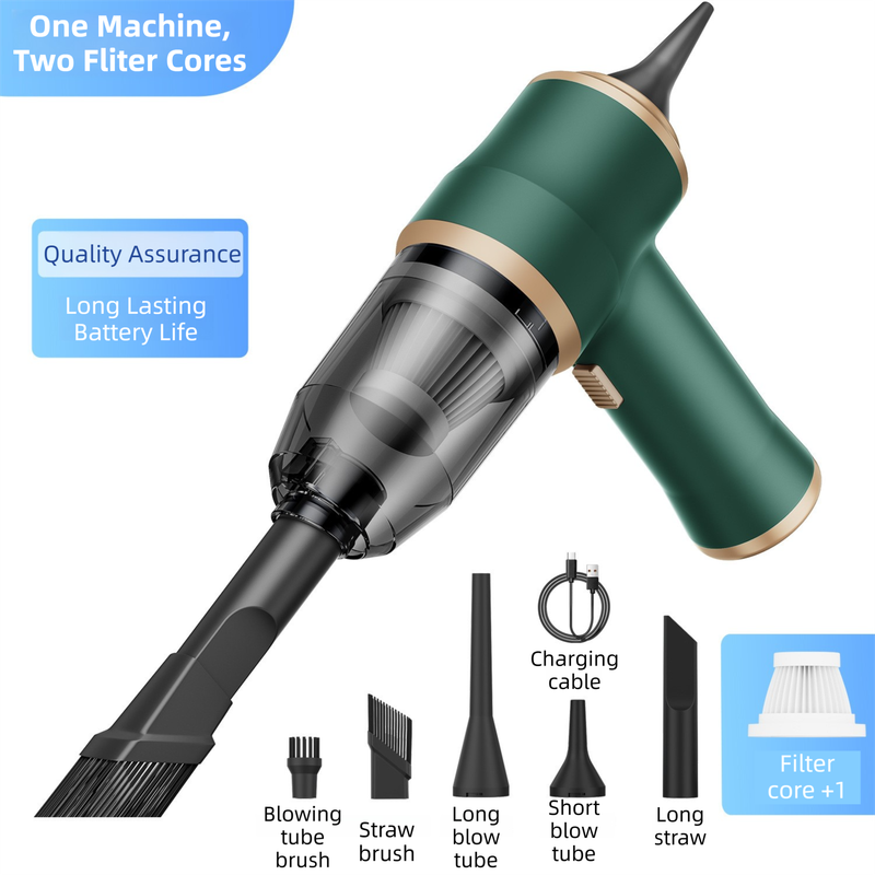 4-in1 Green Wireless Compact Handheld Car Vacuum Cleaner &amp; Air Duster  with 5 Nozzles/Brushes- 15000 Pa Ultra-Powerful Blower/Suction Tool for Auto, Home &amp; Office