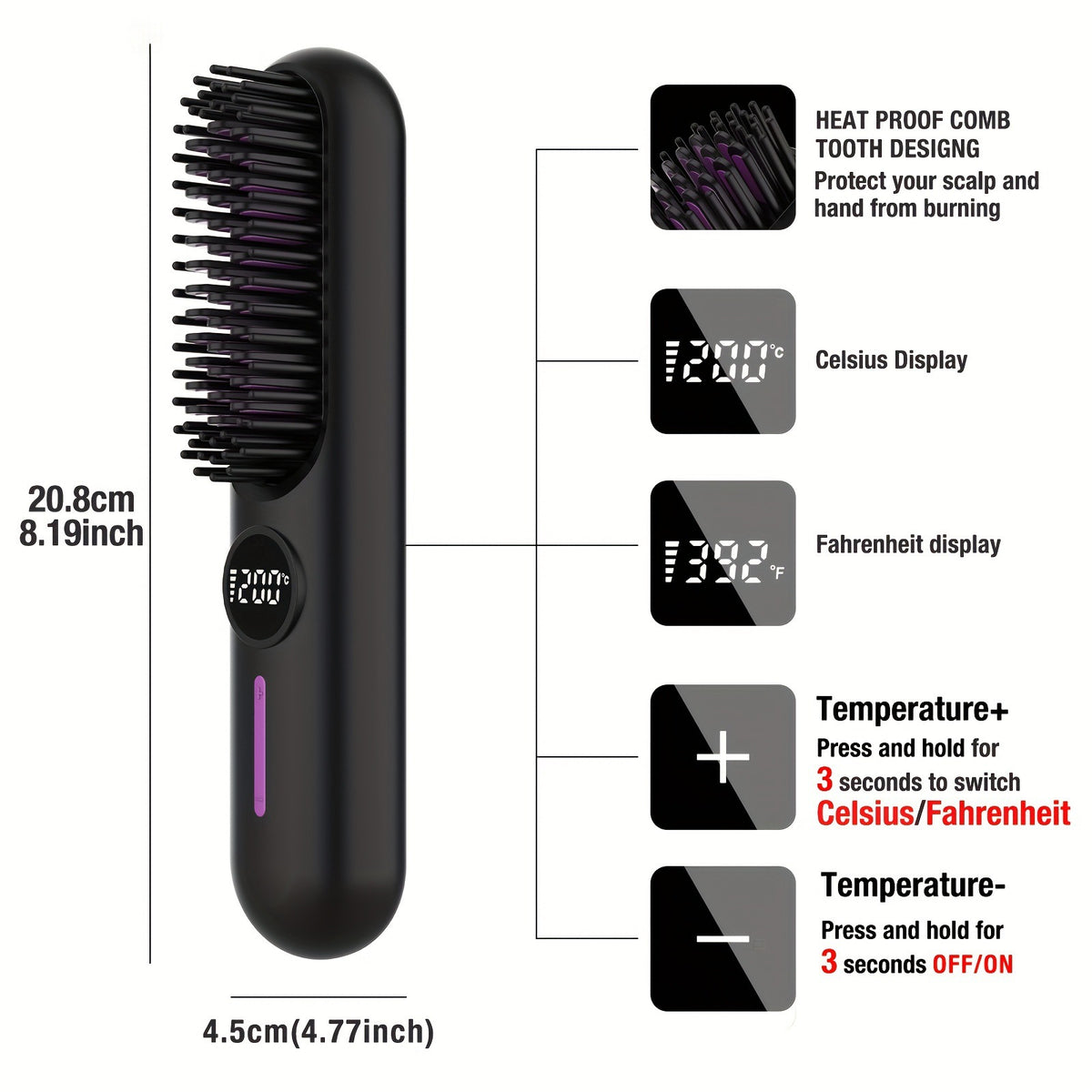 S01 Black Cordless Hair Straightener Brush - 2-in-1 Curling & Straightening Tool with LED Power Display and 7-Level Temp Control, Mini Quick Heat Anti-Damage
