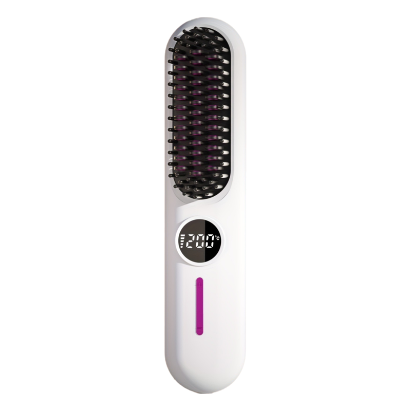 S01 White Cordless Hair Straightener Brush - 2-in-1 Curling &amp; Straightening Tool with LED Power Display and 7-Level Temp Control, Mini Quick Heat Anti-Damage