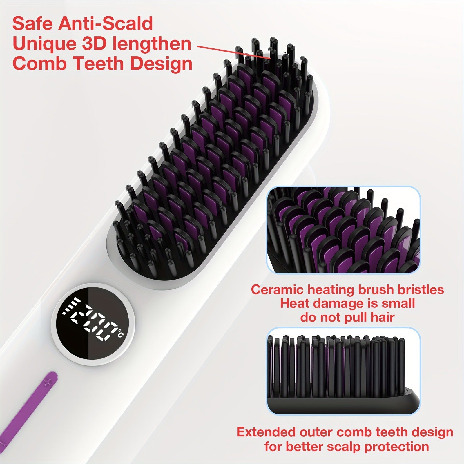 S01 White Cordless Hair Straightener Brush - 2-in-1 Curling & Straightening Tool with LED Power Display and 7-Level Temp Control, Mini Quick Heat Anti-Damage