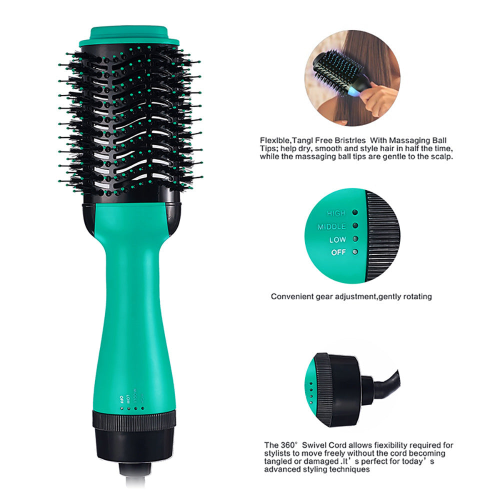 2-in-1 Black-Green Negative Ion Hot Air Styler Brush - 7-Level Temp & 3-Gear Speed, Fast Drying Blow Dryer & Volumizing Straight/Curling Comb