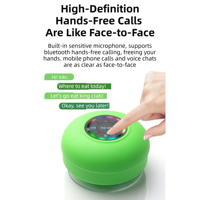 White IPX4 Waterproof Portable Bluetooth Shower Speaker with Suction Cup & LED Light - Multi-Use As Phone Stand, Built-in Mic for Hands-Free Calling