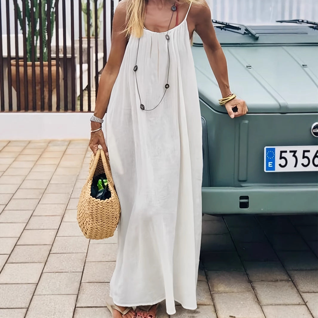 Green Women's Crinkle Ice Silk Backless Cami Maxi Dress(Size S) - Loose Fit Lounge Nightgown Slip Dress, Casual Resort Wear