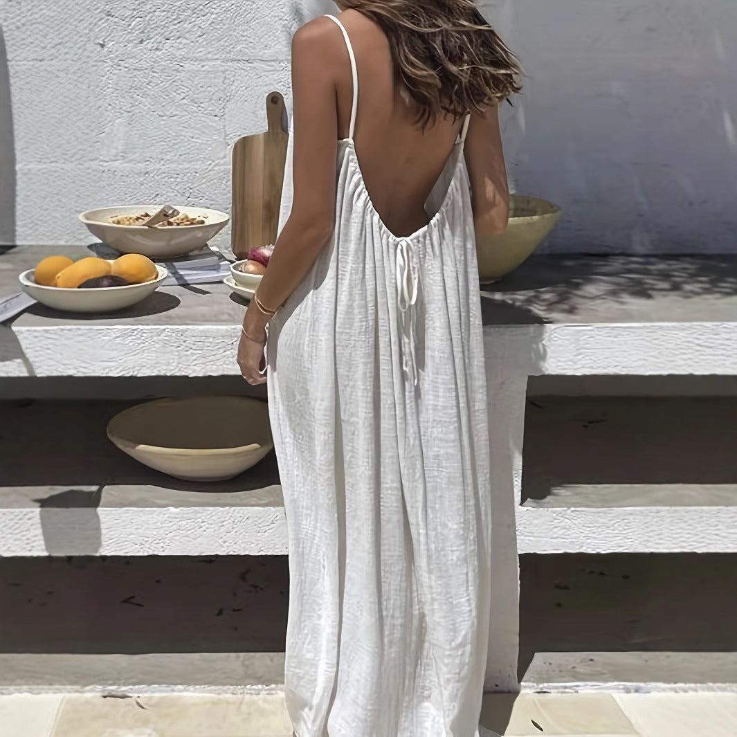 White Women's Crinkle Ice Silk Backless Cami Maxi Dress(Size M) - Loose Fit Lounge Nightgown Slip Dress, Casual Resort Wear
