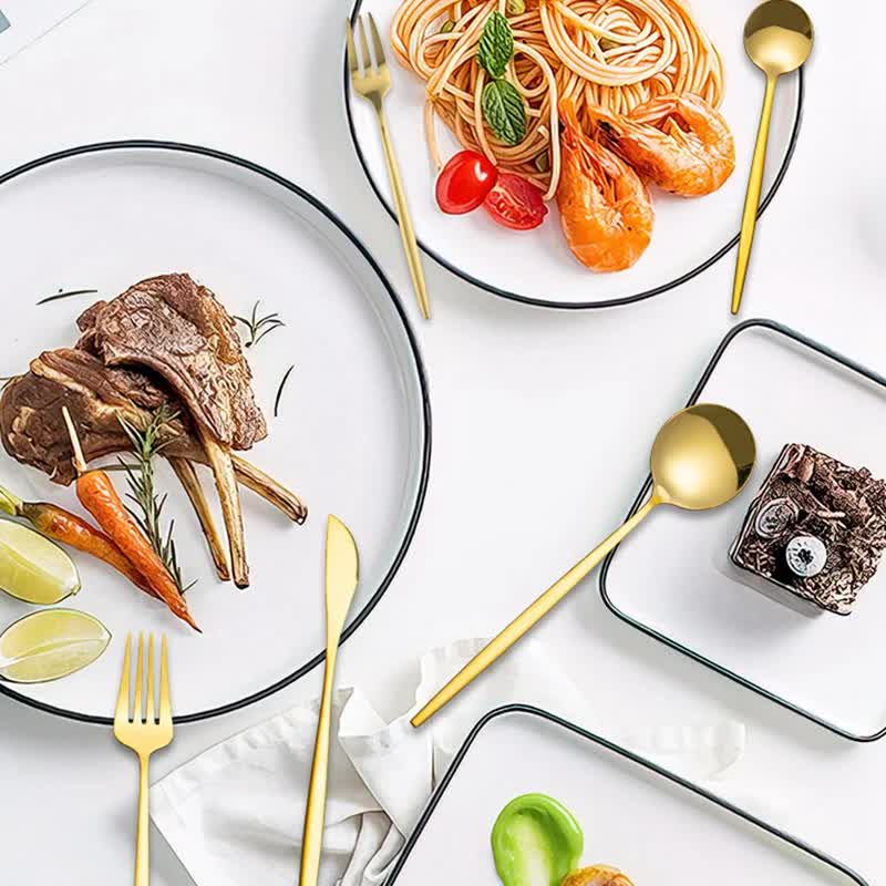 30-Piece Dazzle Color Portuguese Style Cutlery Set - Mirror Polished 410 Stainless Steel Dinnerware for 6 (Steak Knives Included)