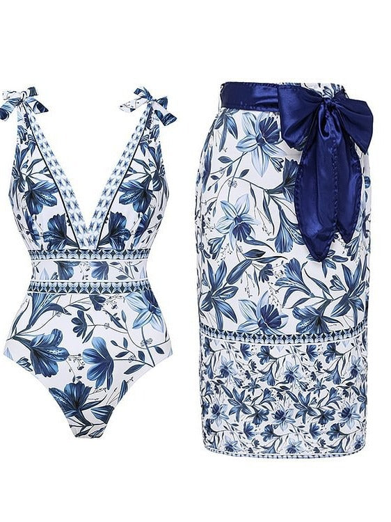 XL Size Blue Print Women's Sexy One-Piece Swimsuit Set With Matching Wrap Skirt  - European/American Style Bikini with Built-in Pads