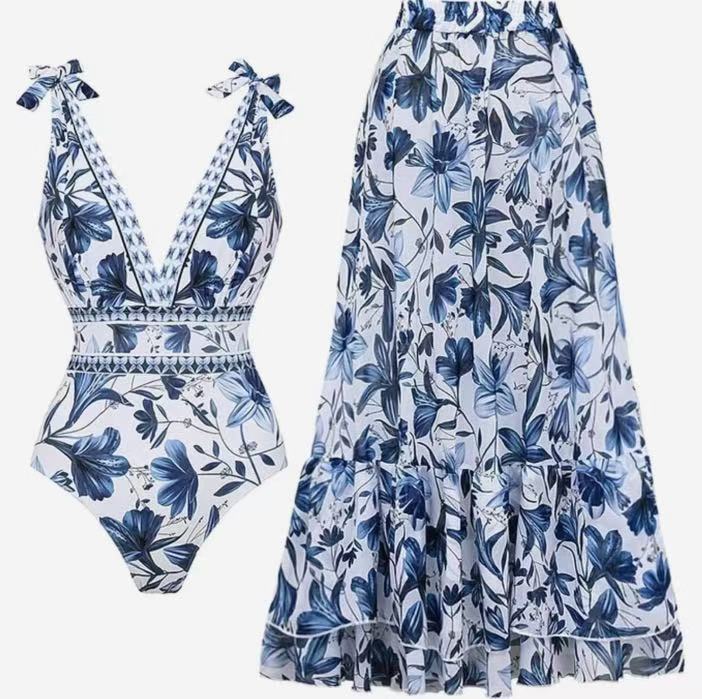 XXL Size Blue Print Women's Sexy One-Piece Swimsuit Set With Matching Long Dress  - European/American Style Bikini with Built-in Pads