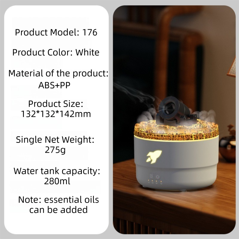 176 White Simulation Turret Diffuser & Humidifier - Smart Timer Ultrasonic Mister with Volcano Lava Crack Shell and Colorful Light