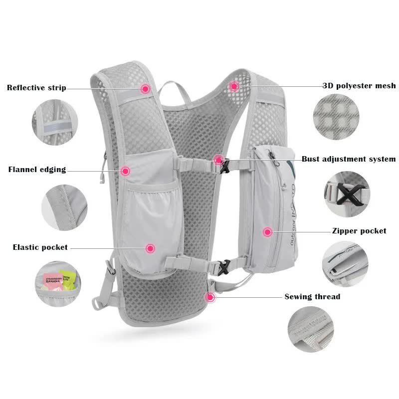 Grey-Blue 5L Ultra-Light Hydration Running Vest - Quick-Dry Trail Running & Marathon Backpack with Night Reflective Safety