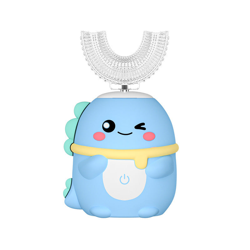 Blue Dinosaur 360° U-Shaped Electric Toothbrush Set for Children 7-14 Years Old - Silicone Soft Bristle Oral Cleaner with 6 Modes &amp; 3 Medium Brush Heads