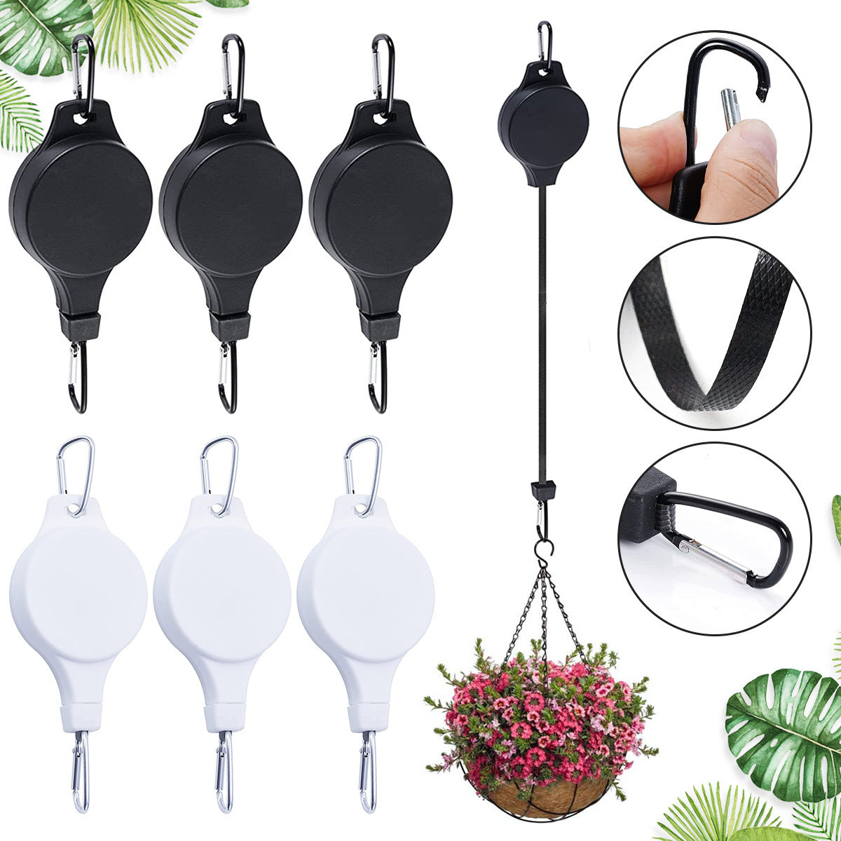 3PCS Black + 3PCS White Retractable Hanging Basket Pulley System &amp; 6PCS Heavy Duty Stainless Steel S-Hooks Combo - Garden Plant Hanger(Max Load 5KG)