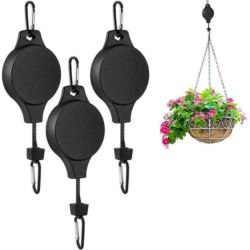 3PCS Black Retractable Hanging Basket Pulley System &amp; 3PCS Heavy Duty Stainless Steel S-Hooks Combo - Garden Plant Hanger(Max Load 5KG)