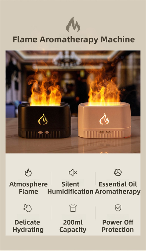 Black 3D Simulation Flame Aroma Diffuser & Humidifier - Ultrasonic Desktop Mister with 7-Color LED Light and Automatic Scent Spray (200ML)