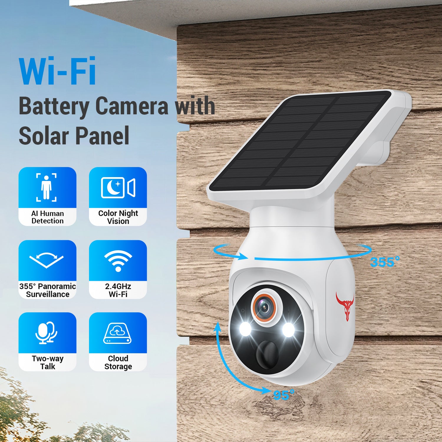 White Solar Powered Outdoor Security Camera 1080P - Wireless Smart Home PTZ CCTV with Two-Way Audio, IP65 Waterproof & Colour Night Vision