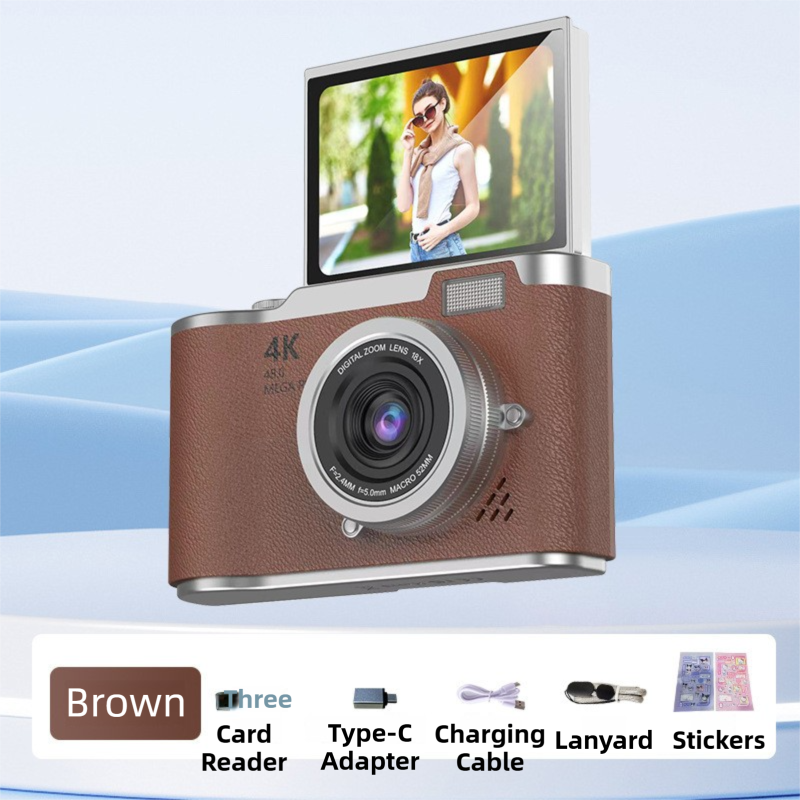 Brown 4K Compact Digital CCD Camera for Vlogging &amp; Students - Portable Point and Shoot with 2.4-inch Rotating Screen, 8X Optical Zoom, and Anti-Shake