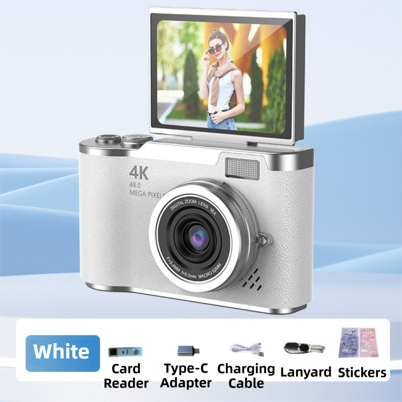 White 4K Compact Digital CCD Camera for Vlogging &amp; Students - Portable Point and Shoot with 2.4-inch Rotating Screen, 8X Optical Zoom, and Anti-Shake
