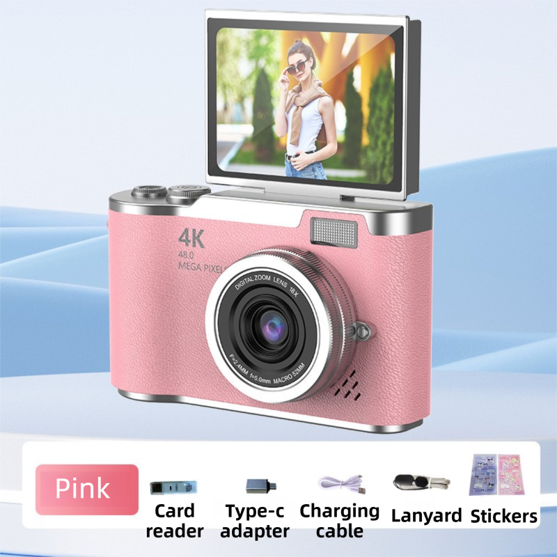 Pink 4K Compact Digital CCD Camera for Vlogging &amp; Students - Portable Point and Shoot with 2.4-inch Rotating Screen, 8X Optical Zoom, and Anti-Shake