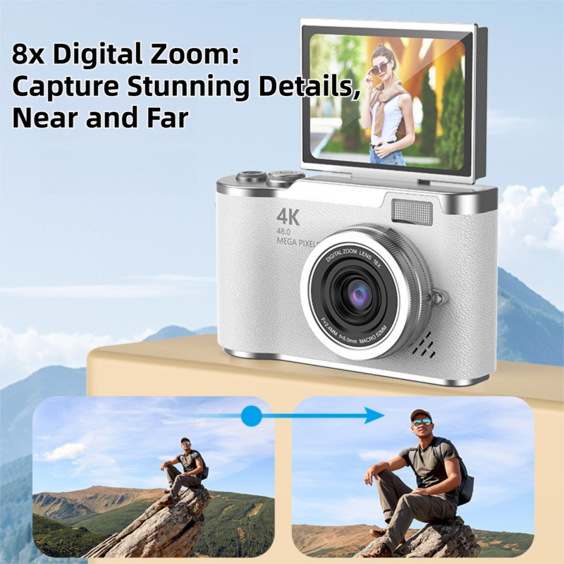 Pink 4K Compact Digital CCD Camera for Vlogging & Students - Portable Point and Shoot with 2.4-inch Rotating Screen, 8X Optical Zoom, and Anti-Shake