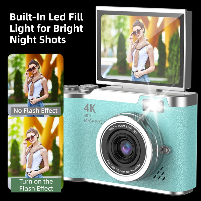 Pink 4K Compact Digital CCD Camera for Vlogging & Students - Portable Point and Shoot with 2.4-inch Rotating Screen, 8X Optical Zoom, and Anti-Shake