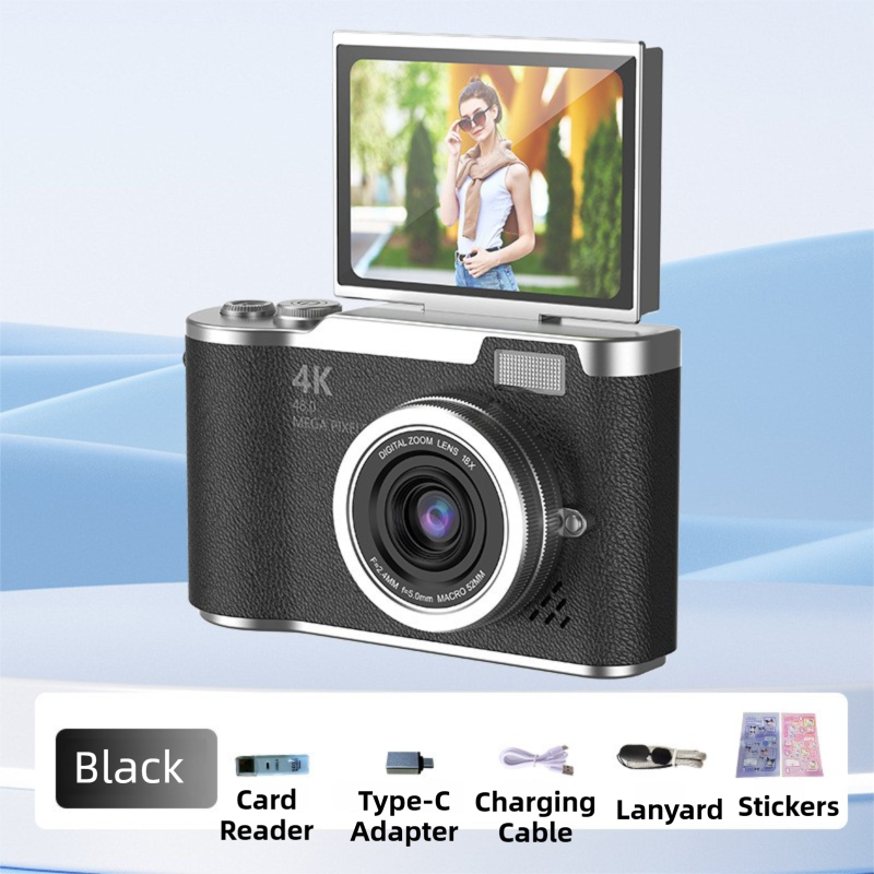 Black 4K Compact Digital CCD Camera for Vlogging &amp; Students - Portable Point and Shoot with 2.4-inch Rotating Screen, 8X Optical Zoom, and Anti-Shake