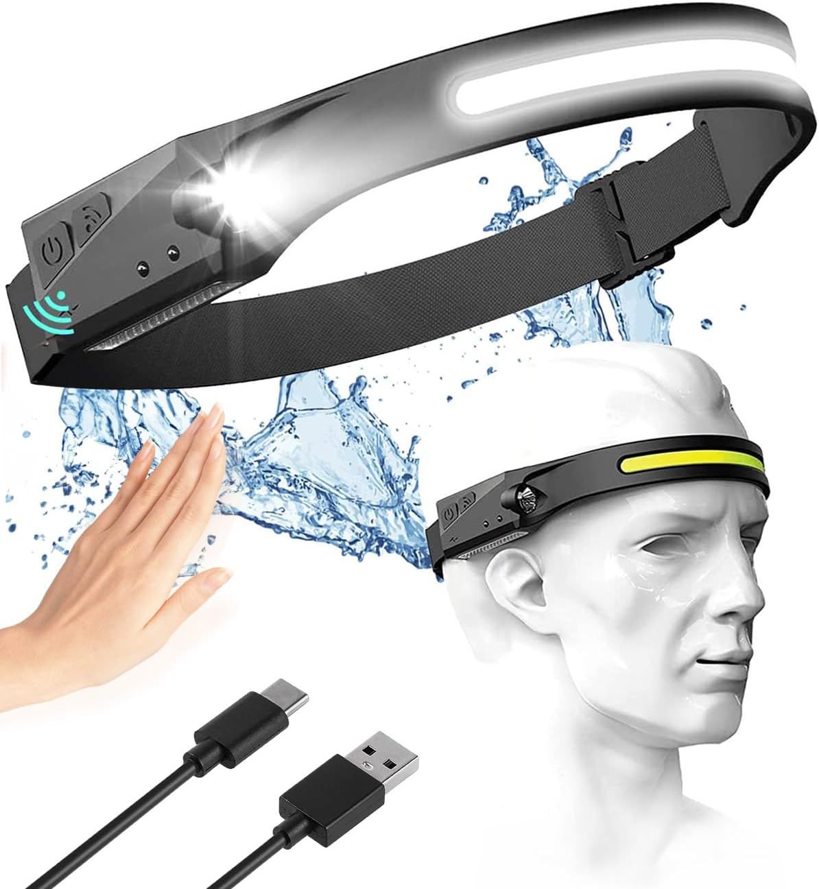 Adjustable High-Lumen Rechargeable COB LED Headlamp - 230° Wide Beam Head Torch with Wave Sensor for Camping, Hiking &amp; Fishing